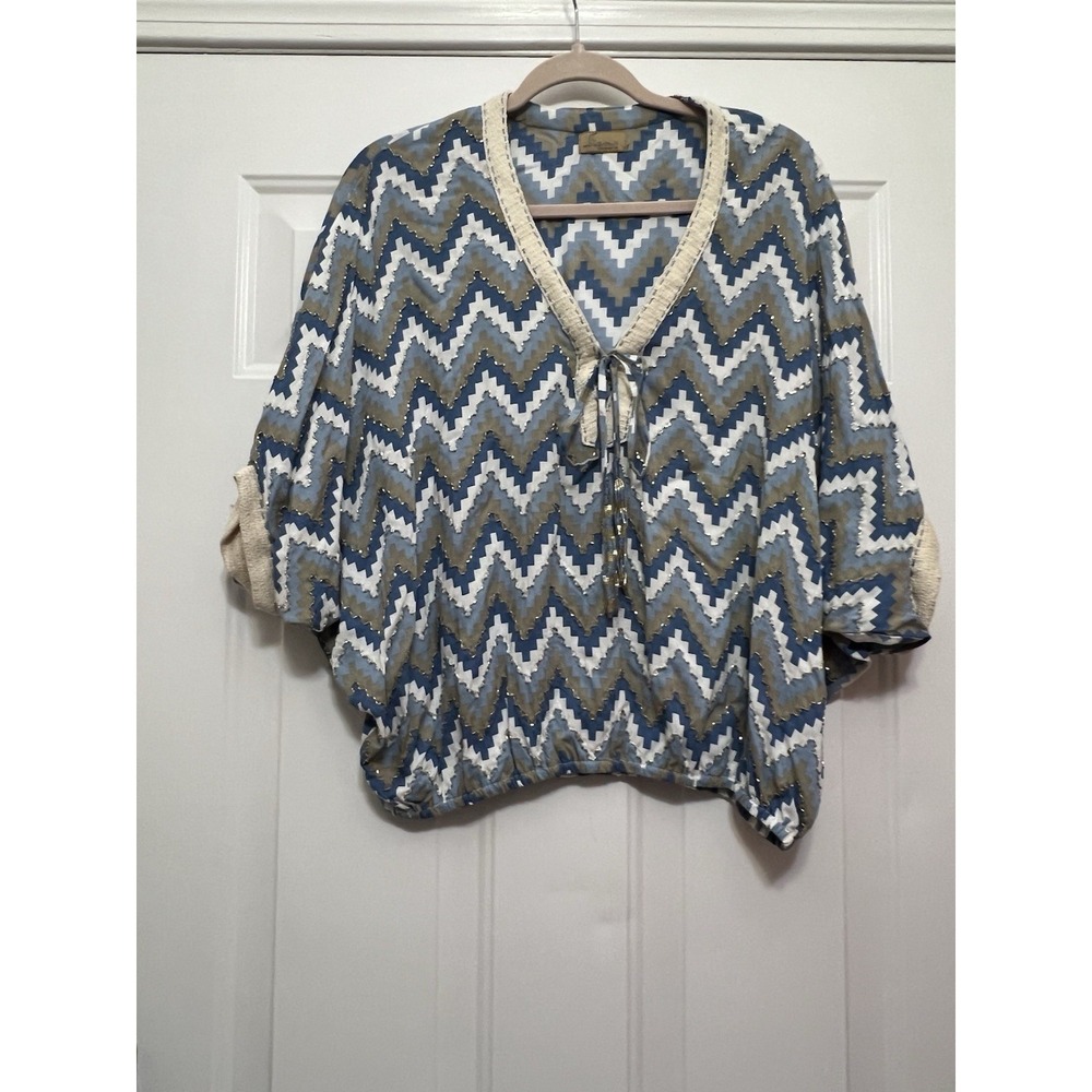 Skemo Kaftan Style Tunic Top Multi-Color Boho Size Small Chevron Resort Beaded